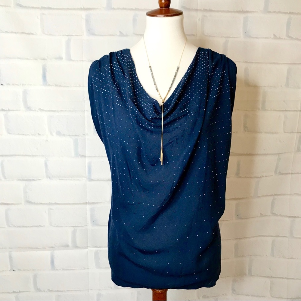 E L L A M O S S : Navy Blue Draped Studded Top